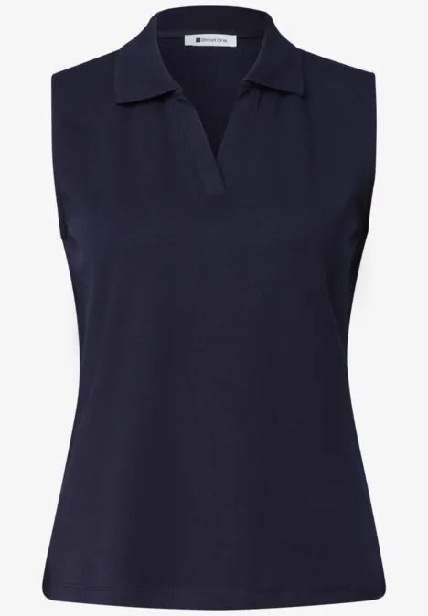 Top polo sans manches femme en bleu marine avec col et encolure en V.