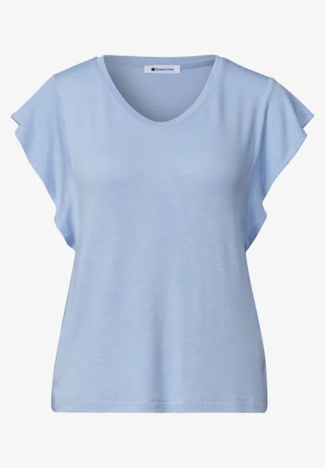 Hellblaues Damen-T-Shirt mit V-Ausschnitt und kurzen, lockeren Ärmeln.