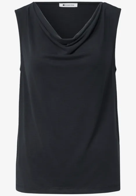 Silk-Look Top mit Wasserfall-Ausschnitt Black Ärmelloses, schwarzes Top mit Wasserfallausschnitt aus weichem, fließendem Stoff.