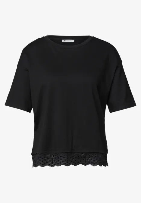 Schwarzes Damen-T-Shirt mit kurzem Schnitt und Spitzenbesatz am Saum