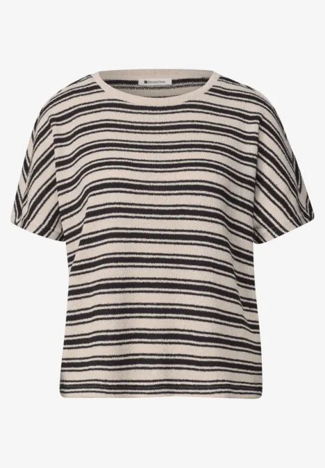 T-shirt en tricot avec col rond Black Beiges T-Shirt mit schwarzen Streifen, kurzen Ärmeln und Rundhalsausschnitt.
