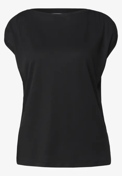 Dropped Shoulder Shirt mit Raffung Black Schwarzes Damen-T-Shirt mit kurzen Ärmeln und rundem Ausschnitt