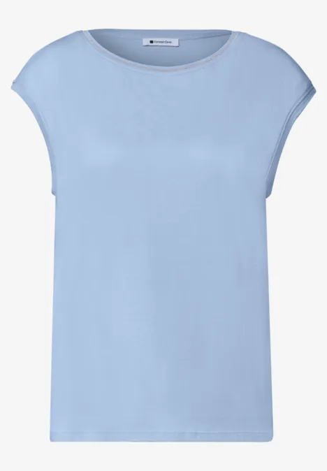 Shirt mit Rundhals und Rippdetails cashmere blue Hellblaues Shirt mit kurzen Ärmeln und rundem Ausschnitt
