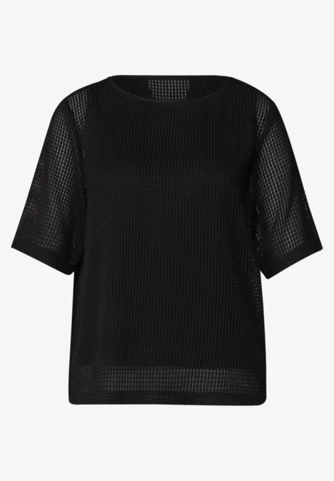 Schwarzes, halbärmeliges Netzshirt mit rundem Ausschnitt