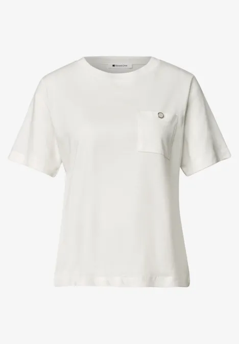 T-Shirt mit Rundhals und Brusttasche off white Schlichtes weißes T-Shirt mit Rundhalsausschnitt und Brusttasche
