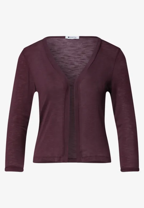 Damenstrickjacke in dunklem Burgunderviolett mit V-Ausschnitt und drei Viertel Ärmeln