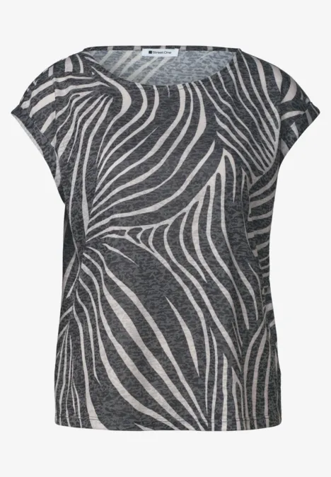 Damen-T-Shirt mit kurzen Ärmeln und abstraktem Zebra-Streifenmuster in Schwarz und Weiß.