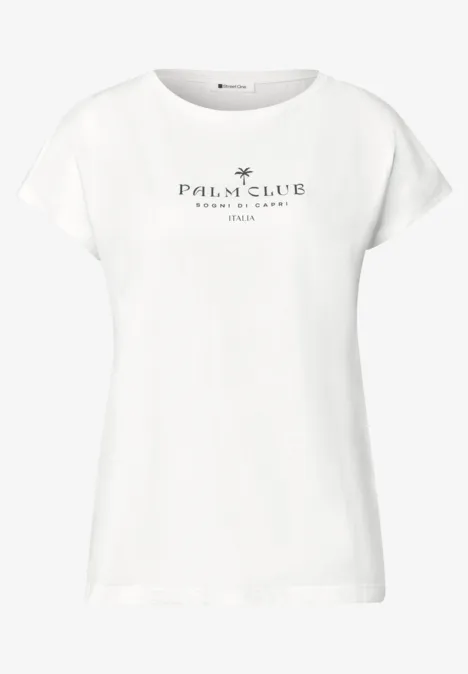 Koszulka na ramiączkach z napisem off white Biały damski t-shirt z krótkimi rękawami i nadrukiem Palm Club z motywem palmy.