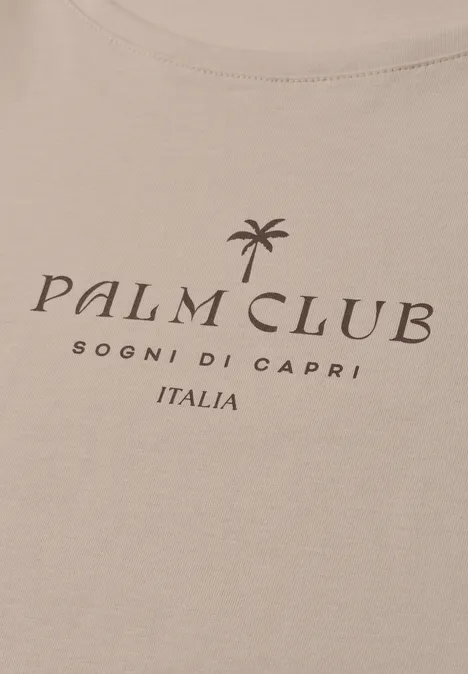 Koszulka na ramiączkach z napisem clay sand Beżowy nadruk na koszulce z napisem 'PALM CLUB', symbolem palmy i tekstem 'SOGNI DI CAPRI ITALIA'.