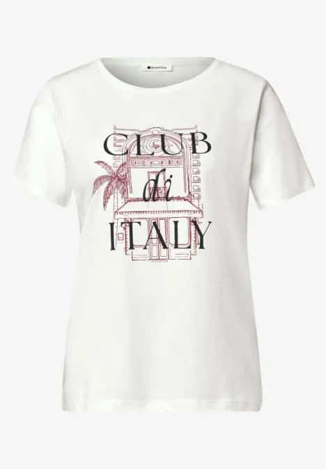 Weißes T-Shirt mit Club di Italy-Print und rosa Palmenmotiv.