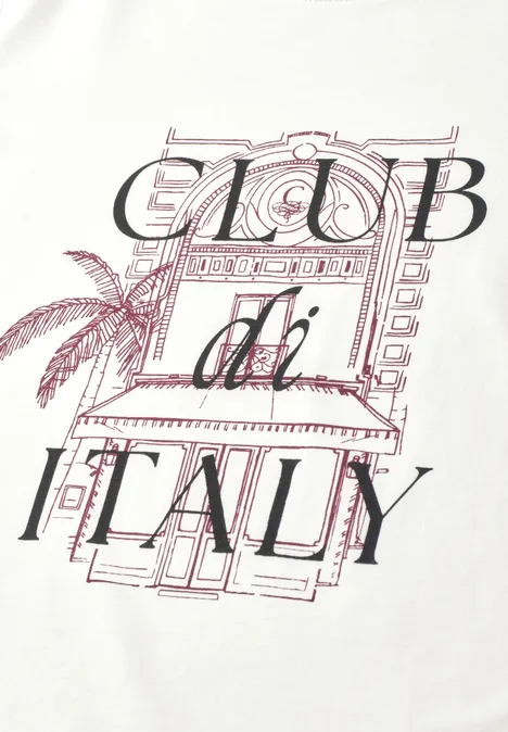 Stilisierte Linienzeichnung eines italienischen Gebäudes mit Palme und Schriftzug 'Club di Italy'.