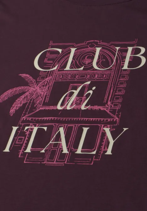 Dunkles T-Shirt mit rosa-gezeichnetem Gebäudemotiv, Palme und dem Schriftzug 'CLUB di ITALY' in creme.
