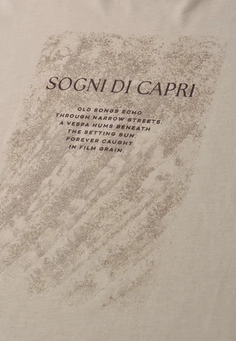 Beige T-shirt met grijze penseelstreek en opdruk 'SOGNI DI CAPRI'.