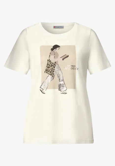 Weißes T-Shirt mit Print einer Frau im Trenchcoat und Tasche