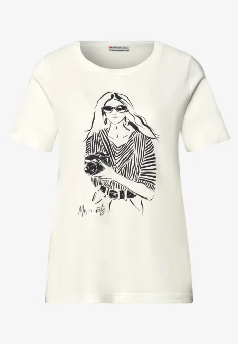 Weißes Damen-T-Shirt mit gezeichnetem Motiv einer Frau mit Sonnenbrille.