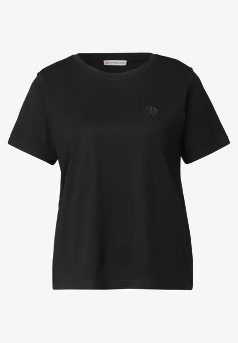 T-Shirt mit Rundhals und Embroidery Detail Black Schlichtes schwarzes, kurzärmeliges Damen-T-Shirt mit rundem Ausschnitt und minimalem Logo auf der Brust.
