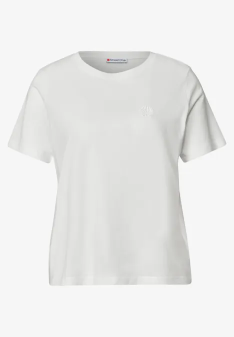 Koszulka z okrągłym dekoltem i haftowanymi detalami off white Prosty biały damski T-shirt z okrągłym dekoltem i krótkimi rękawami