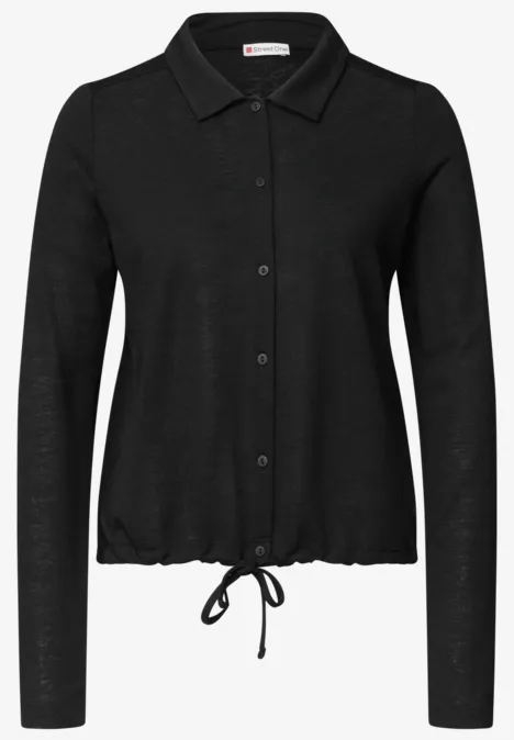 Leichte Langam Jacke in Leinen-Optik Black Schwarze, leicht taillierte Strickjacke mit Kragen, Knopfleiste und Tunnelzug am Saum