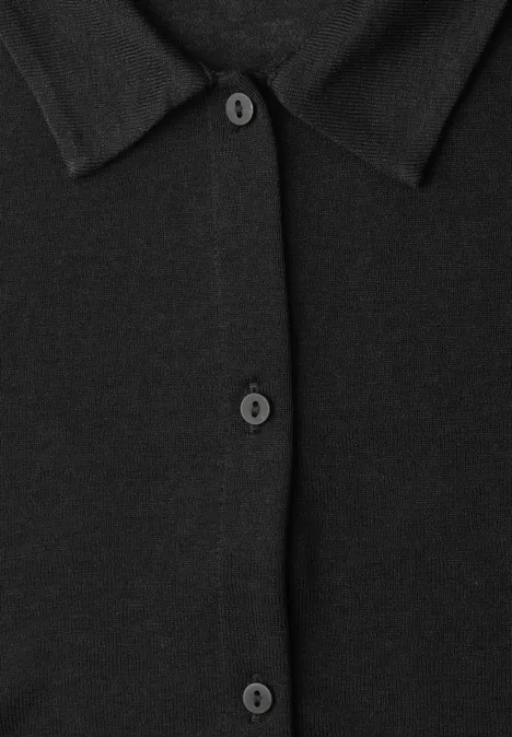 Leichte Langam Jacke in Leinen-Optik Black Schwarzes Oberteil mit Kragen und drei sichtbaren Knöpfen