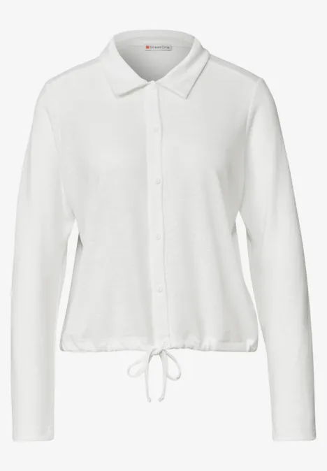 Leichte Langam Jacke in Leinen-Optik off white Weiße Bluse mit Kragen, durchgehender Knopfleiste und Tunnelzugsaum.