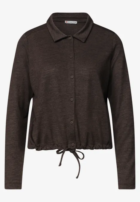 Leichte Langam Jacke in Leinen-Optik espresso brown Dunkelbraune Damenbluse mit langen Ärmeln, Hemdkragen, Knopfleiste und Tunnelzug am Saum.