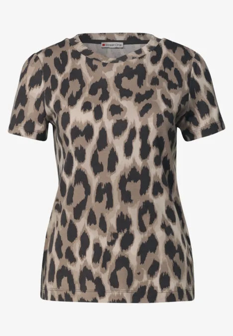T-Shirt mit Rundhals und gerafftem Ärmel timeless beige Beiges T-Shirt mit schwarzem Leopardenmuster und kurzen Ärmeln