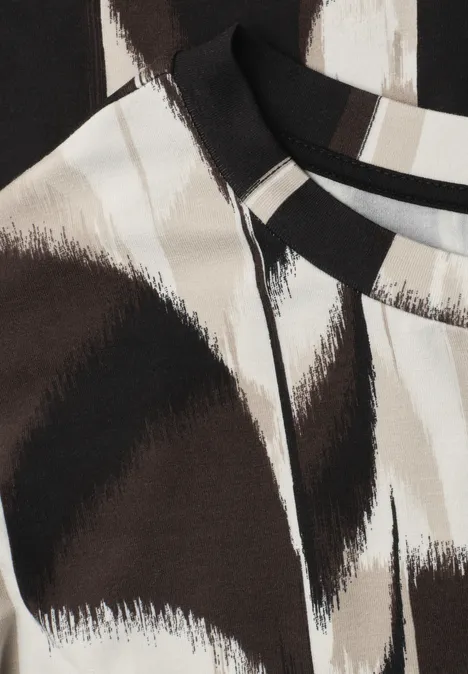 T-shirt à col rond et cordon de serrage espresso brown Motif abstrait en larges coups de pinceau noirs, bruns et blancs sur tissu