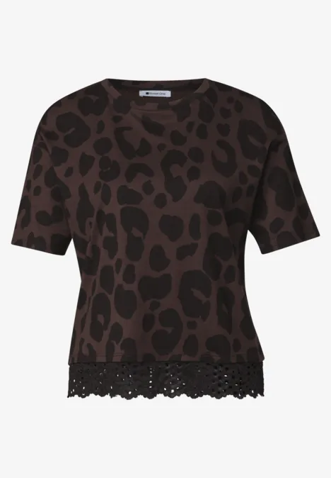 Donkerbruin T-shirt met korte mouwen, luipaardprint en gehaakte kanten zoom