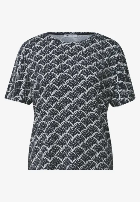 T-shirt femme bleu marine à motif blanc en arcs