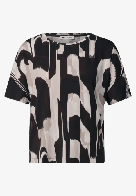 Dames T-shirt met korte mouwen, ronde hals en abstract zwart-beige patroon.
