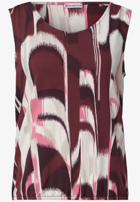 Mouwloze top met abstract dessin in bordeaux, wit en roze