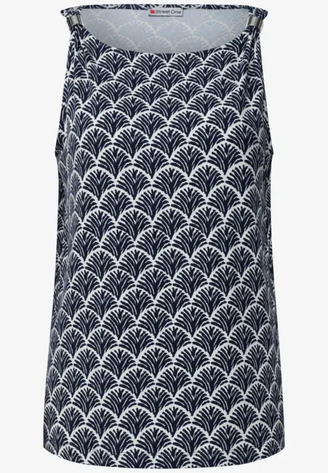 Haut sans manches bleu marine orné d'un motif éventail blanc.