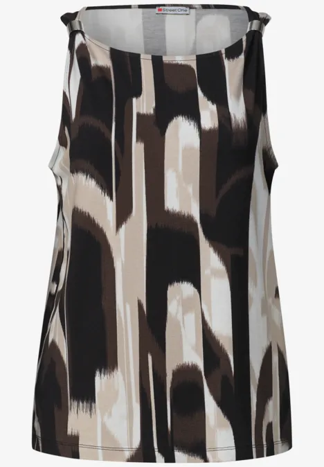 Ärmelloses Damen-Top mit abstraktem Muster in Schwarz, Beige und Weiß.