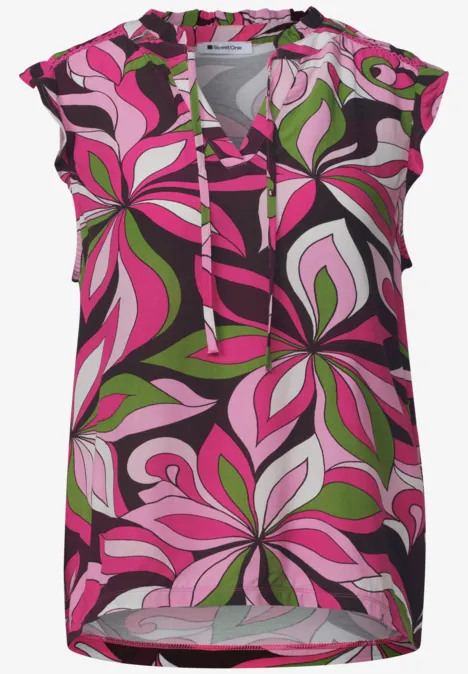 Ärmelloses Damen-Top mit floraler Grafik in Pink und Grün, V-Ausschnitt mit Kordel und legerem Schnitt.