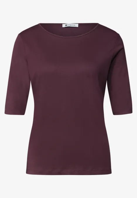Dunkelviolettes T-Shirt mit 3/4-Ärmeln und Rundhalsausschnitt für Damen.