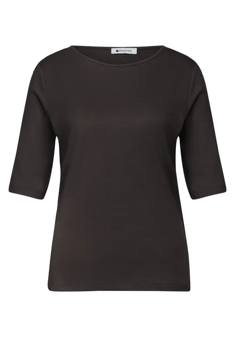 Ein schlichtes schwarzes T-Shirt mit halblangen Ärmeln und Rundhalsausschnitt.