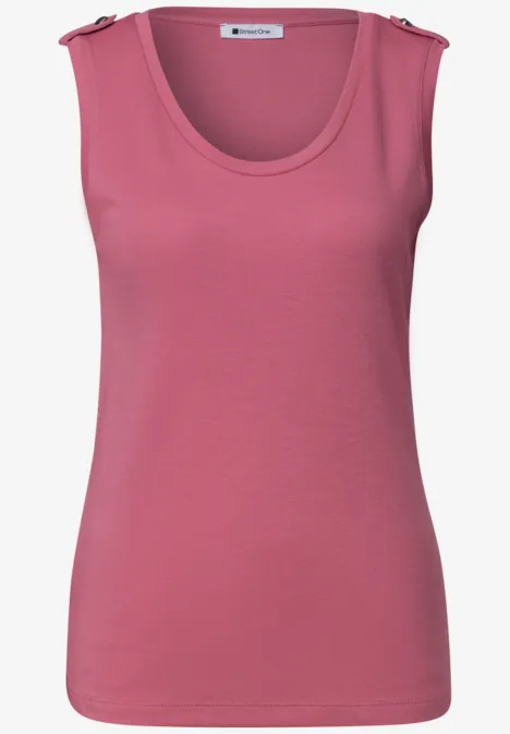 Haut à col V arrondi avec boutons aux épaules blush berry Ärmelloses, rosafarbenes Damen-Top mit rundem Ausschnitt und Schulterklappen-Details.