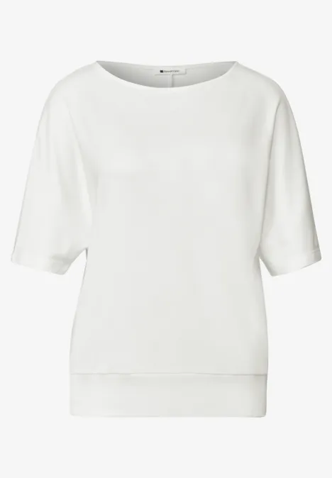 Basic Shirt met boothals en elastische zoom off white Wit losvallend shirt met halflange mouwen en ronde hals.
