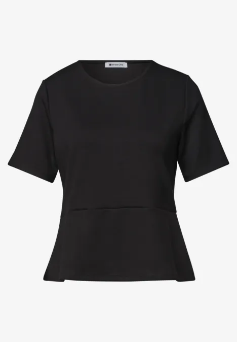 Schwarzes, tailliertes Kurzarm-Shirt mit leicht ausgestelltem Saum.