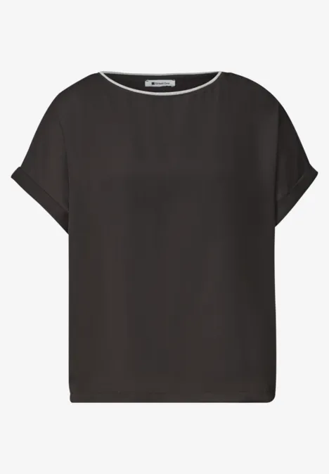 T-shirt 2 en 1 en chiffon, col bateau black coffee Haut noir simple pour femme avec manches courtes et encolure ronde.