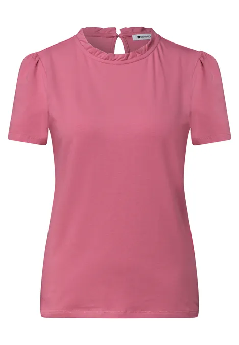 Rosa T-Shirt mit kurzen Ärmeln, Rundausschnitt und dezenter Rüschenkante am Kragen.