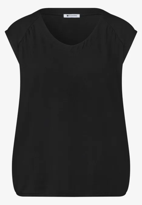 Schlichtes schwarzes Damen-Shirt mit kurzen Ärmeln und Rundhalsausschnitt.