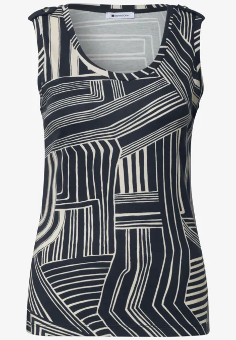 Haut à col en V et boutons décoratifs darkest blue Ärmelloses Top mit schwarz-weißem, geometrischem Linienmuster.