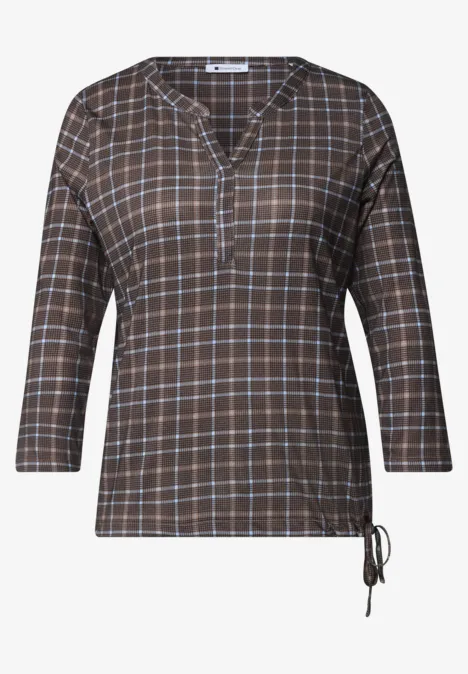 3/4-Arm Shirt mit Split Neck und Print silk brown Damenbluse in Braun mit kariertem Muster, 3/4-Ärmeln und seitlichen Kordelzügen.