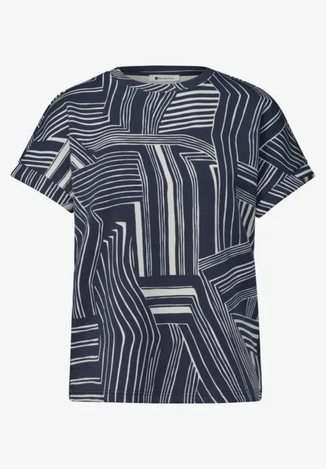 Marineblaues T-Shirt mit abstraktem weißen Streifenmuster.