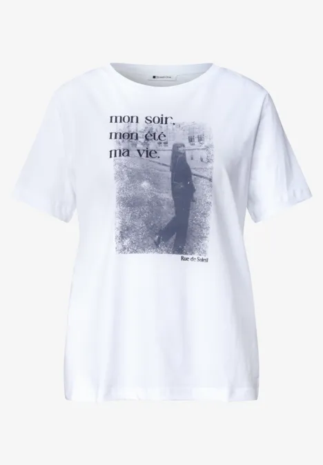 T-Shirt mit Rundhals und Fotoprint White Weißes T-Shirt mit Schwarzweiß-Foto und französischem Schriftzug „mon cœur, mon état, ma vie“.