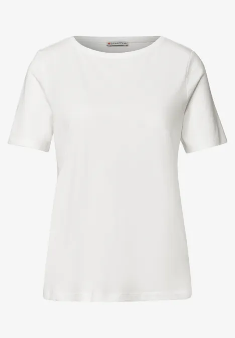Ein schlichtes weißes T-Shirt mit kurzen Ärmeln und rundem Halsausschnitt.
