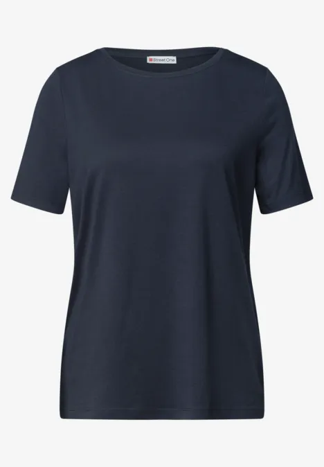 Dunkelblaues Damen-T-Shirt mit kurzen Ärmeln und schlichtem Rundhalsausschnitt.
