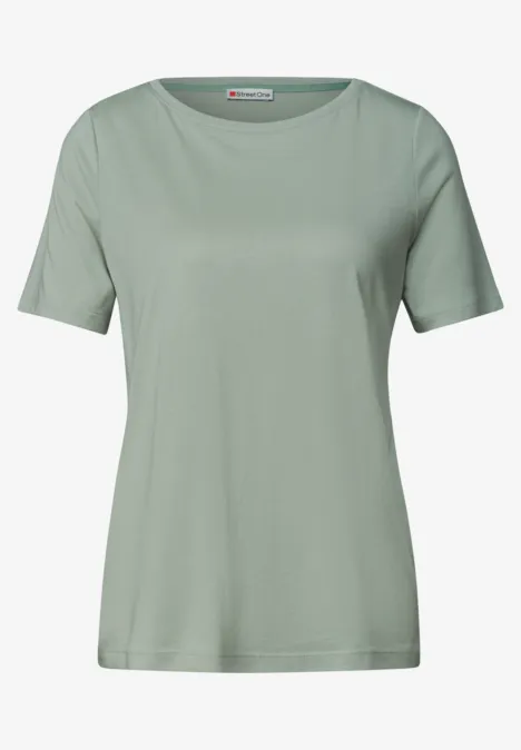 Hellgrünes Damen-T-Shirt mit Rundhalsausschnitt und kurzen Ärmeln, schlicht und klassisch.