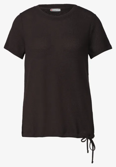 Basic T-Shirt im Strick-Look mit Rundhals black coffee schwarzes T-Shirt mit kurzen Ärmeln und seitlicher Kordel am Saum